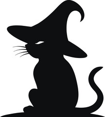 Black silhouette of cat in witch hat sitting sideways isolated on white background. Vector illustration, icon, clip art.