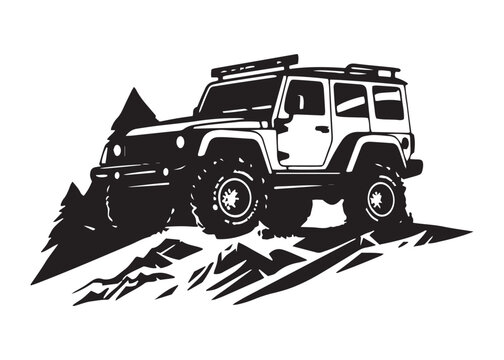 minimal and abstract logo of jeep icon car vector silhouette isolated design mountain with pine tree