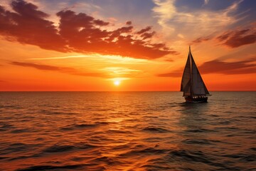 Sunset on the ocean with sailing yachts on the horizon 