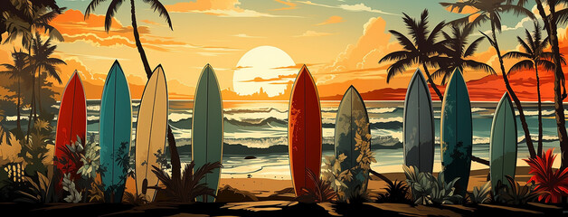 Surfboards lay on a beach with sun dawn evening