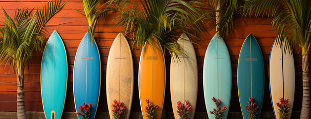 Surf boards lay on a orange color back wall  
