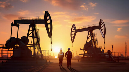 oil production. two silhouette workers work as a team next to an oil pump. business oil production production concept. two engineers of the oil and gas industry are sun 