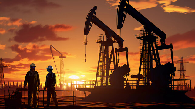 oil production. two silhouette workers work as a team next to an oil pump. business oil production production concept. two engineers of the oil and gas industry are sun 