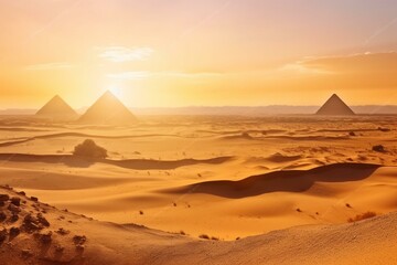 Fototapeta na wymiar Desert sunset with Egyptian pyramids, vast panorama. Generative AI