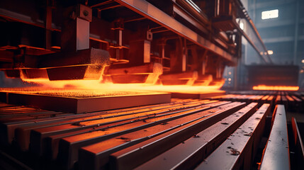 Close-up of a steel rolling mill where steel bars or sheets are rolled and cooled. ai generative - obrazy, fototapety, plakaty