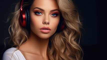 Fototapeta premium Beautiful woman with makeup in headphones listens to music, looks at the camera. Contemporary music, technology.