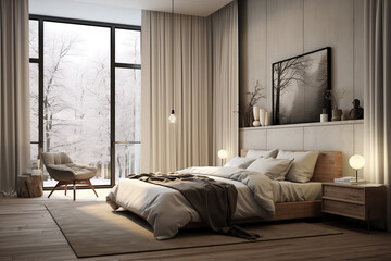 Modern bedroom, minimalist interior design, window with simple curtains. ai generative