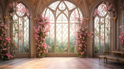 Luxury Palace hall Interior with big windows and walls decorated with frescoes and murals pink roses and flowers compositions. ai generative