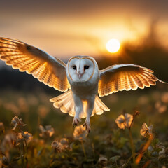 Owl flight, landing in the grass