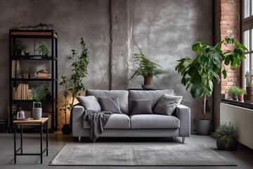 Living room with cozy grey sofa in a loft style interior with potted plants, Cozy bright room, carpet. ai generative