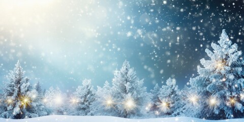 Christmas background. Xmas tree with snow decorated with garland lights, holiday festive background, template for design. banner, copy space