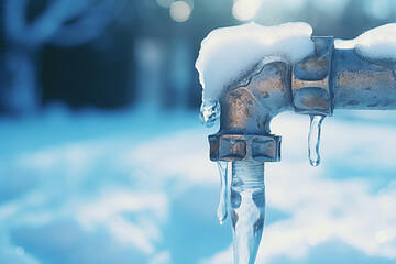 A frozen water pipe in winter, close-up, shallow depth of field. water tap covered with ice. ai generative - obrazy, fototapety, plakaty