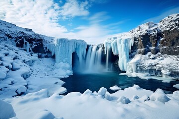 Winter view of frozen waterfall in Iceland. Generative AI - obrazy, fototapety, plakaty
