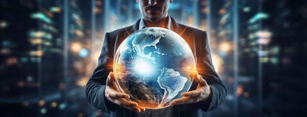 Businessman hold global business earth in his hands - obrazy, fototapety, plakaty