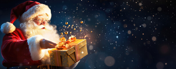 Santa Claus Opening Christmas Present With Golden Stars In Night, Copy space