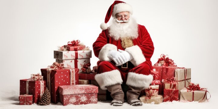 Santa claus with presents sitting isolated on white background, template for design. banner