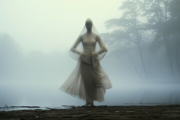 Fototapeta na wymiar Surrealism and mysticism invisible figure in the fog on the lake shore 