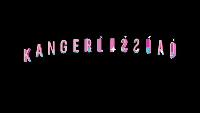 Bright letters jump merrily in the inscription KANGERLUSSUAQ city. Retro. Alpha channel black. Looped from frame 120 to 240, Alpha BW at the end