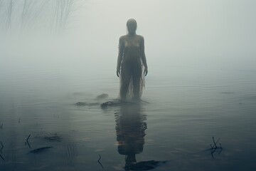 Surrealism and mysticism invisible figure in the fog on the lake shore 