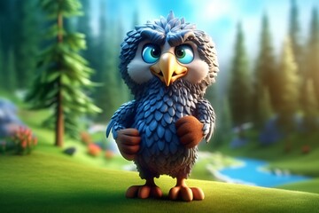 Eagle playing golf on a green field. 3d illustration. Golf player with golf club in the field. 