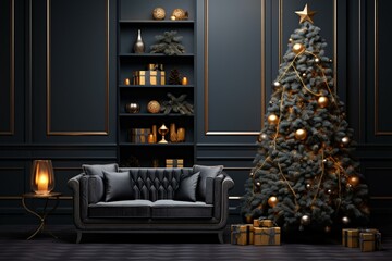 3D illustration of a dark living room with a holiday tree, gifts, and ornaments. Generative AI