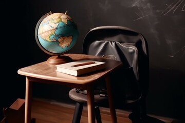 Top view of school desk and chair with backpack, globe and books. Generative AI - obrazy, fototapety, plakaty