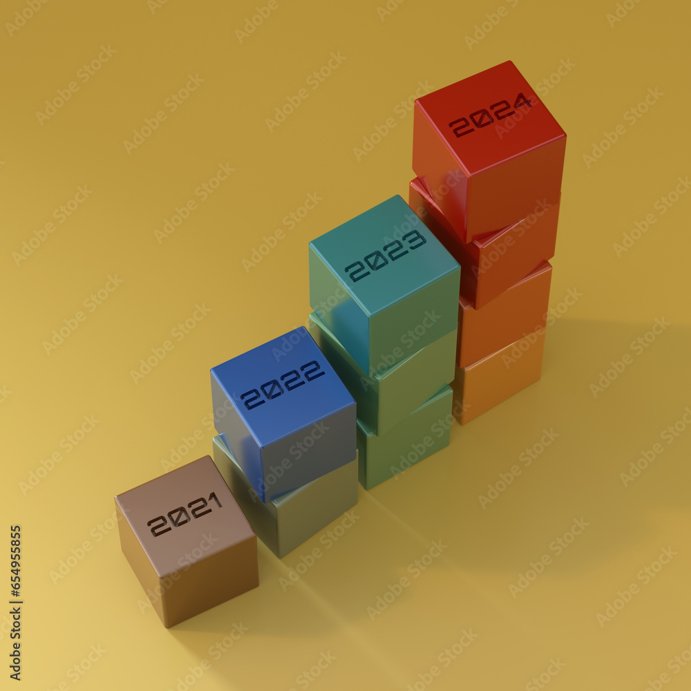 Poster 2021, 2022, 2023 and 2024 year calendar numbers on multicoloured cube blocks bar graph steps on yell