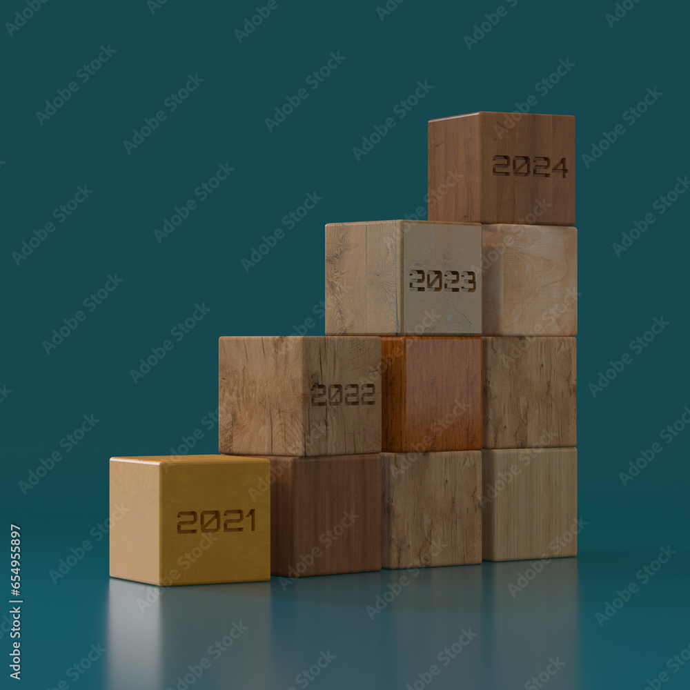 Poster 2021, 2022, 2023 and 2024 year calendar numbers on wooden cube blocks bar graph steps on blue backgr