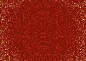 Hand-drawn unique abstract ornament. Light red on a bright red background, with vignette of same pattern and splatters in golden glitter. Paper texture. Digital artwork, A4. (pattern: p11-2a)