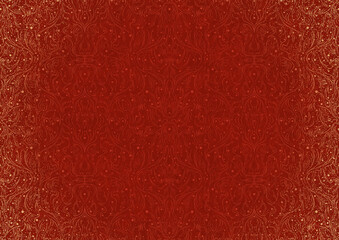 Hand-drawn unique abstract ornament. Light red on a bright red background, with vignette of same pattern and splatters in golden glitter. Paper texture. Digital artwork, A4. (pattern: p11-2b)