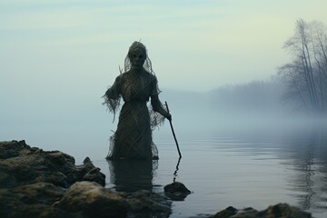 Surrealism and mysticism invisible figure in the fog on the lake shore 