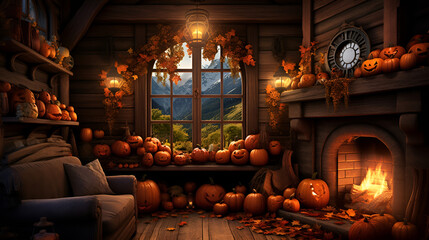 room full of pumpkins , halloween - obrazy, fototapety, plakaty