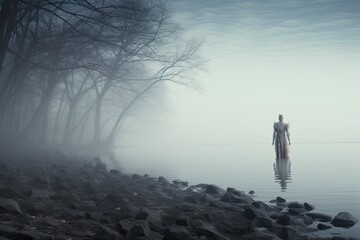 Surrealism and mysticism invisible figure in the fog on the lake shore  - obrazy, fototapety, plakaty