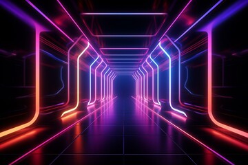 An abstract neon passageway or opening into a futuristic world with underground elements, illuminated by vibrant lights on a sleek black backdrop. Generative AI