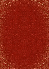 Hand-drawn unique abstract ornament. Light red on a bright red background, with vignette of same pattern and splatters in golden glitter. Paper texture. Digital artwork, A4. (pattern: p11-2d)