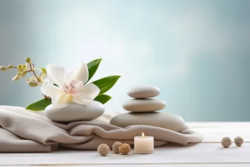 Badkamer foto achterwand Massagesalon Spa stones and white flower on table.