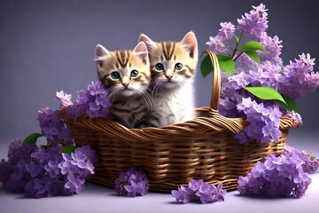  kitten is sitting in a basket full of spring lilacs and look at camera