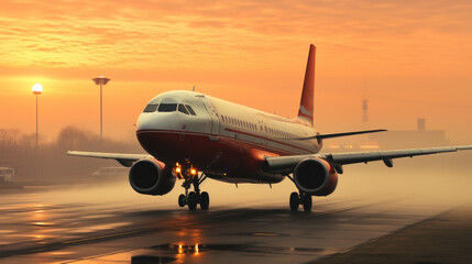 Fototapeta na wymiar A red and white airplane on a runway. AI.