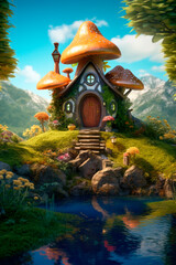 Fantasy cute mushrrom house in the mountains. Illustration. Created with generative ai technology