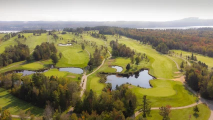 Glasschilderij Bestemmingen Aerial view on nices holes on a golf club in Quebec, Canada