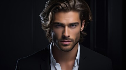 Studio portrait of a stylish man in a business suit on a gray background.