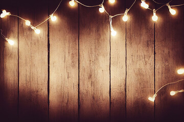Old vintage wooden plank with Christmas lights