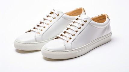 a pair of minimalist white sneakers with a touch of opulence, such as subtle gold detailing and fine leather construction
