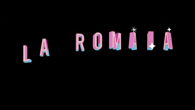 Bright letters jump merrily in the inscription LA ROMANA city. Retro. Alpha channel black. Looped from frame 120 to 240, Alpha BW at the end