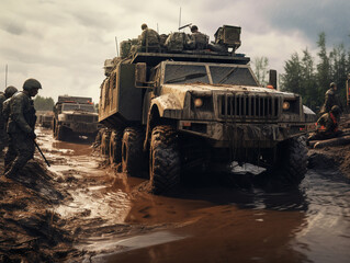 Modern military vehicles stuck i a mud during rainy season - obrazy, fototapety, plakaty
