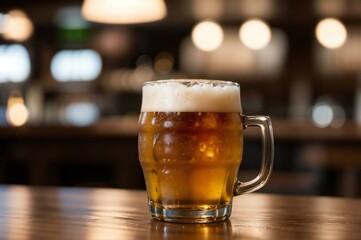 Cold beer in glass in wooden table in pub bokeh lighting background, copy space