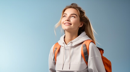 Teenager sport woman with sport bag over isolated background and looking up