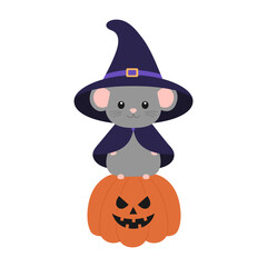 Cute little mouse in witch hat and mantle standing on scary pumpkin. Halloween design with animal. Vector flat illustration for banner, poster, greeting card