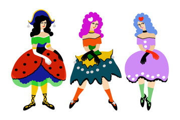 Three clowns in bright costumes. Columbine. One of the principal masks in traditional italian comedy. Commedia dell arte. Vector isolated illustration.