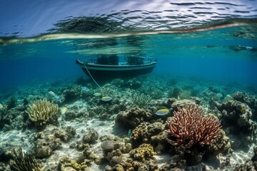 Naklejka na ściany i meble A boat rests on a coral reef amid fish, with sunlight reflecting on the water and other boats in the distance, as corals thrive. Climate changes. Generative AI